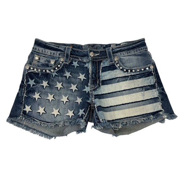 Miss Me American Flag Stars Stripes Shorts Blue Denim Cut Off Rhinestone Size 29 - Picture 12 of 12